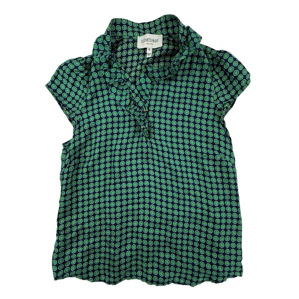 Elizabeth McKay Ruffled Silk Blouse 12 Polka Dot Shirt Blue Green USA
